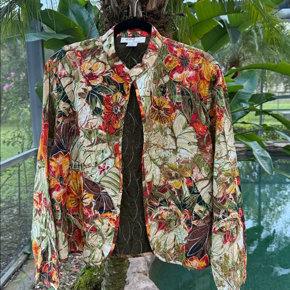 Anu by Natural Floral Multicolor Womens Jacket 100% Cotton Size  L